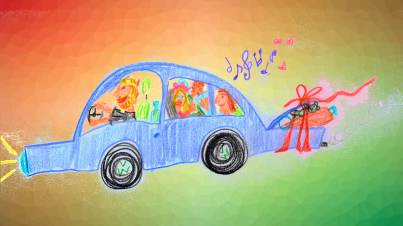 Familie im Auto, Zeichnung