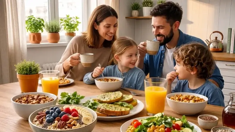 Veganes Familienfrühstück am Tisch, Erwachsene trinken Tee, Kinder essen