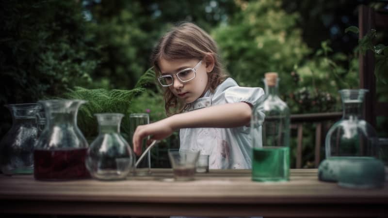 Mädchen lernt selbstbestimmt und macht chemische Experimente im Garten