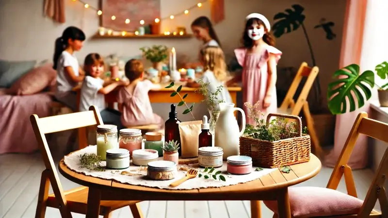 Kinder feiern eine nachhaltige Beautyparty zum 10. Geburtstag. Im Vordergrund stehen Naturkosmetik-Produkte wie DIY-Gesichtsmasken, Öle und Kräuter, während die Mädchen im Hintergrund entspannte Beauty-Rituale genießen.