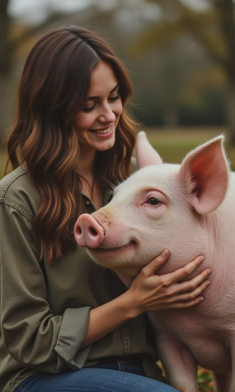 Junge Frau streichelt liebevoll ein glückliches Schwein.