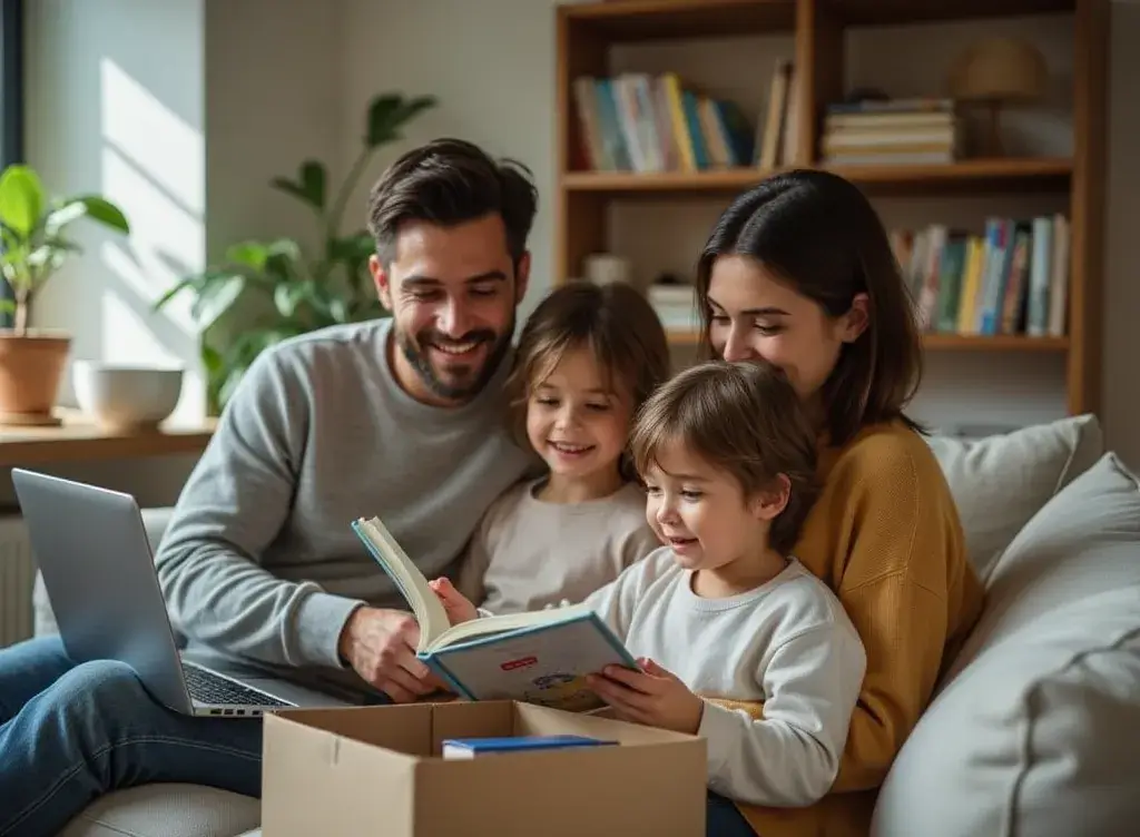 Glückliche Familie packt ein Paket mit Büchern aus und stöbert gemeinsam in einem Buch. Nachhaltiger Buchkauf für Familien.