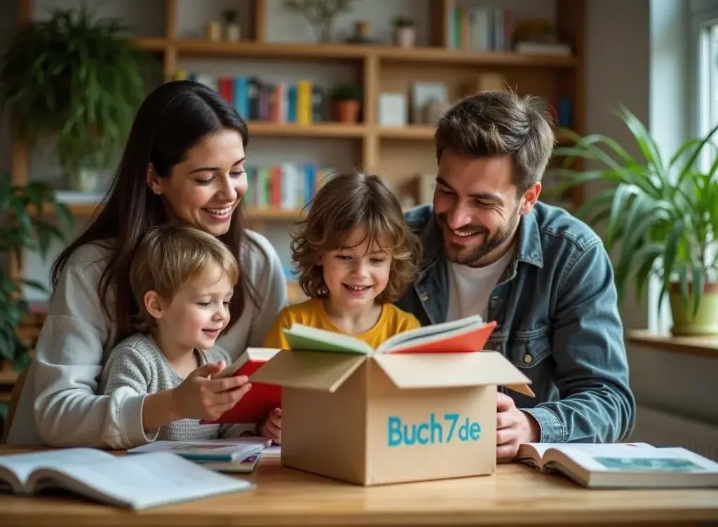 Fröhliche Familie packt ein Buch7.de-Paket mit neuen Büchern aus und liest gemeinsam. Nachhaltiger Buchkauf für bewusste Familien.