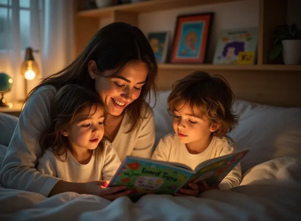 Mutter liest ihren zwei Kindern im Bett eine Gute-Nacht-Geschichte vor. Gemütliche Atmosphäre mit warmem Licht und Kinderbüchern im Hintergrund.