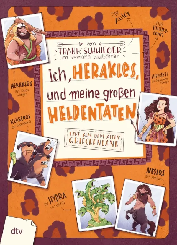 Cover des Kinderbuchs „Ich, Herakles, und meine großen Heldentaten“ zeigt comicartige Figuren aus der griechischen Mythologie, darunter Herakles, die Hydra, Kerberos und weitere Sagengestalten.