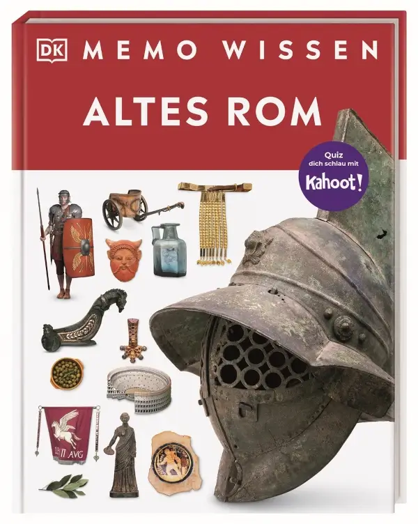 Buchcover von „Memo Wissen: Altes Rom“ zeigt verschiedene römische Artefakte wie einen Gladiatorenhelm, Waffen, Schmuckstücke und Alltagsgegenstände auf weißem Hintergrund.