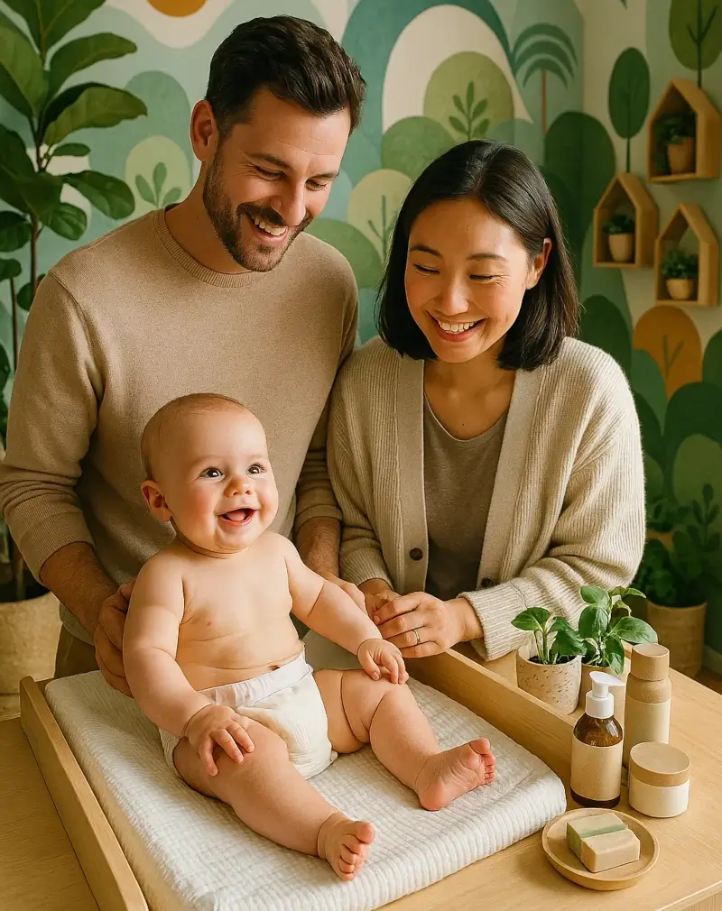 Lächelndes Elternpaar mit Baby auf dem Wickeltisch, umgeben von plastikfreier Babypflege von BigGreenSmile und Zimmerpflanzen