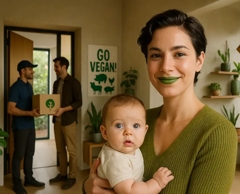 Junge Mutter mit Baby in veganem Haushalt, während im Hintergrund ein Paket von BigGreenSmile mit nachhaltigen Produkten geliefert wird