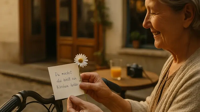 Ältere Frau lächelt, während sie eine kleine Notiz mit einer Gänseblume an ihrem Fahrrad betrachtet – Symbol für Menschlichkeit und kleine Gesten.