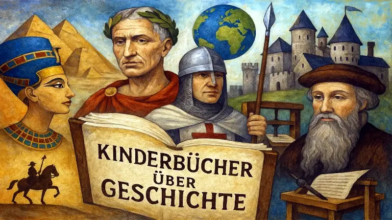 Collage mit historischen Figuren und Bauwerken, die das Thema „Kinderbücher über Geschichte“ künstlerisch darstellt