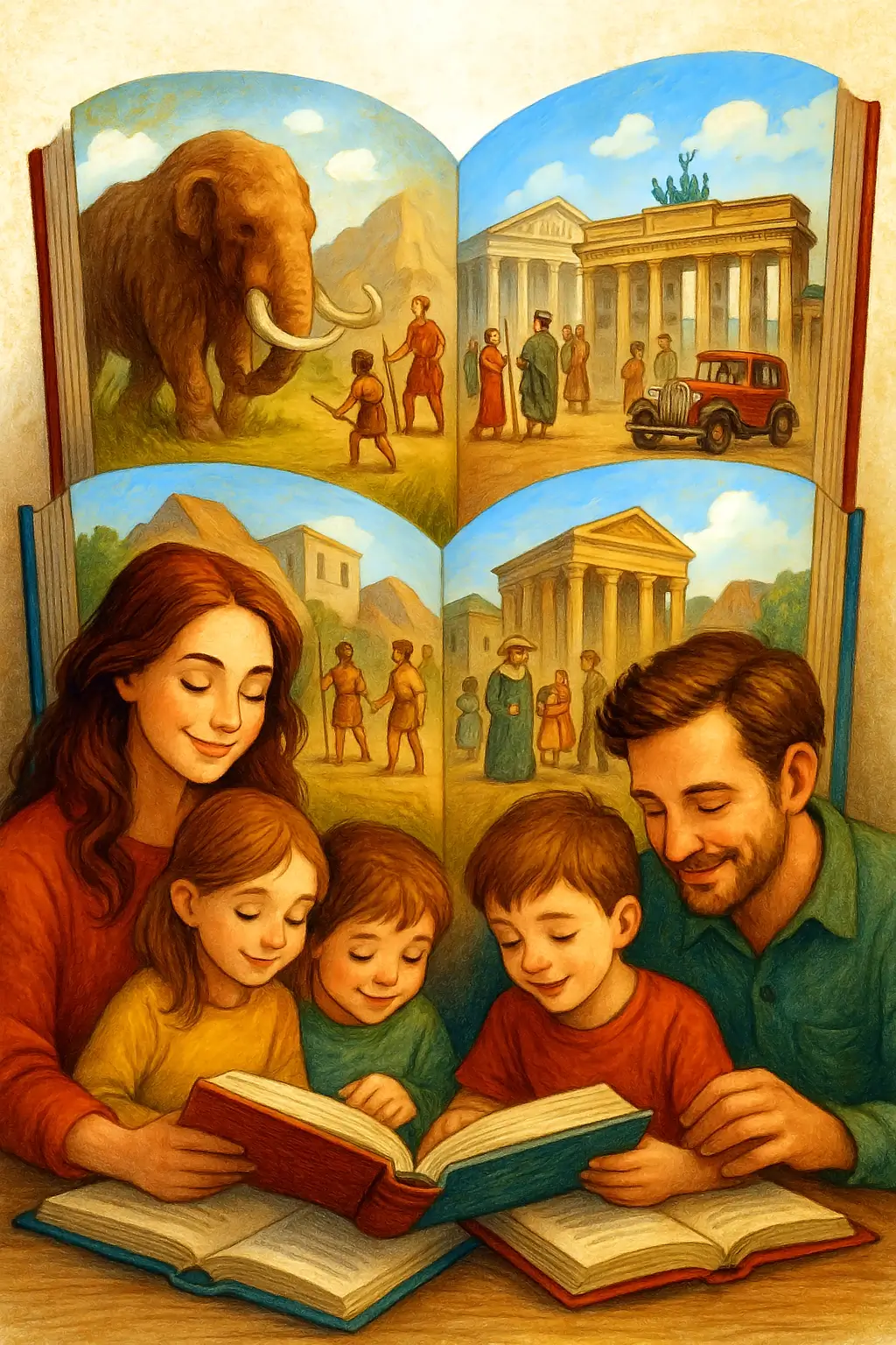 Illustration einer liebevollen Familie mit Kindern in einer gemütlichen Bibliothek, umgeben von historischen Kinderbüchern – Symbolbild für eine Reise durch die Weltgeschichte.