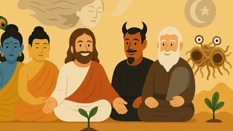 Illustration von spirituellen Figuren wie Krishna, Buddha, Jesus, Satan, Moses und dem fliegenden Spaghettimonster, friedlich vereint im Rat der Götter