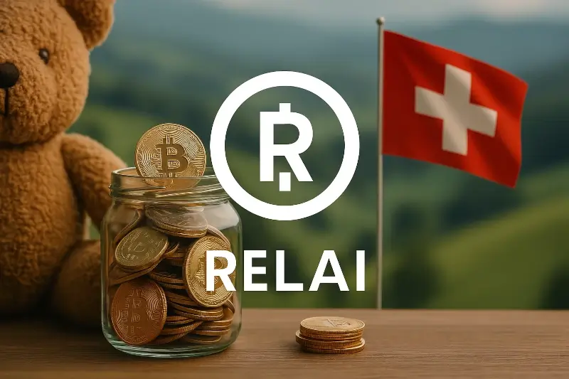 Ein Glas mit Bitcoin-Münzen vor Schweizer Berglandschaft, im Hintergrund eine wehende Schweizer Flagge und das Relai-Logo
