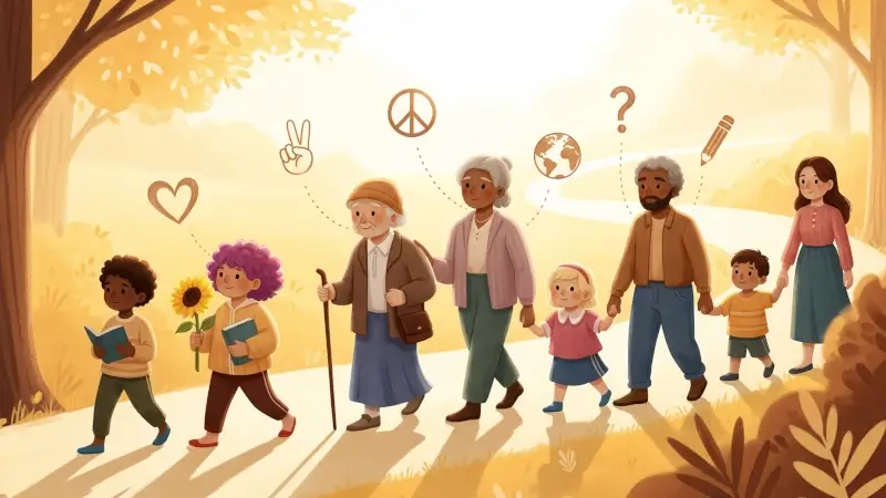 Eine diverse Gruppe aus Kindern und Erwachsenen geht gemeinsam einen sonnigen Weg entlang – Symbole für Empathie, Frieden, Vielfalt, Neugier und Bildung schweben über ihren Köpfen.