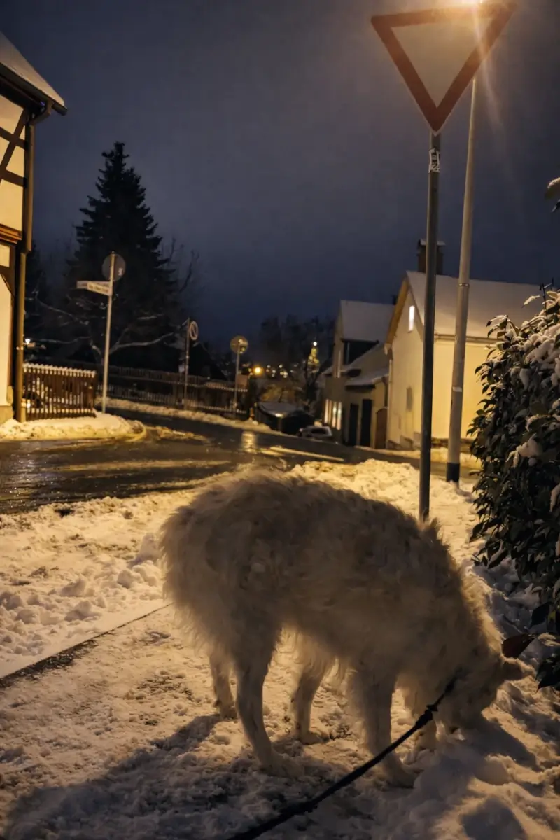 Ein heller, flauschiger Hund steht am Straßenrand und schnuppert im Schnee, während eine ruhige Wohnstraße bei Nacht von Straßenlaternen beleuchtet wird.