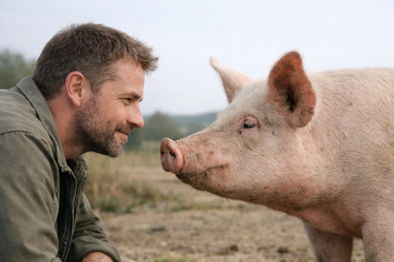 Antispeziesismus: Mensch und Schwein begegnen sich ruhig auf Augenhöhe in natürlicher Umgebung.