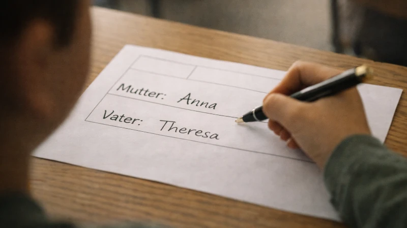 Kind füllt Formular mit den Feldern Mutter und Vater aus, eingetragen sind Anna und Theresa
