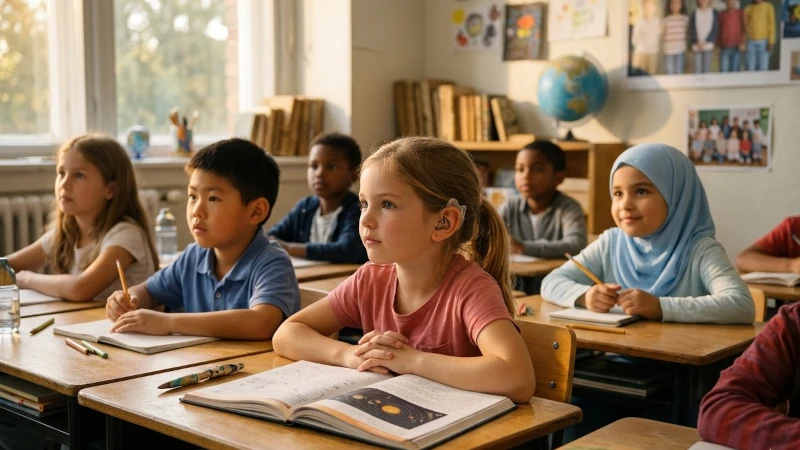 Kinder unterschiedlicher Herkunft sitzen gemeinsam im Klassenzimmer und hören aufmerksam zu
