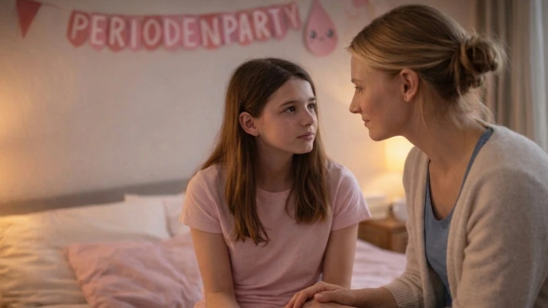 Mutter und Tochter sitzen auf dem Bett und sprechen ruhig über die erste Menstruation