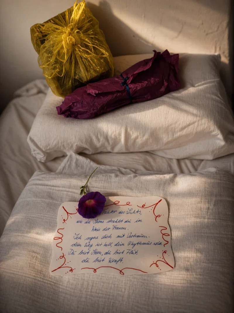 Geschenkpakete und handgeschriebene Karte liegen auf einem Bett