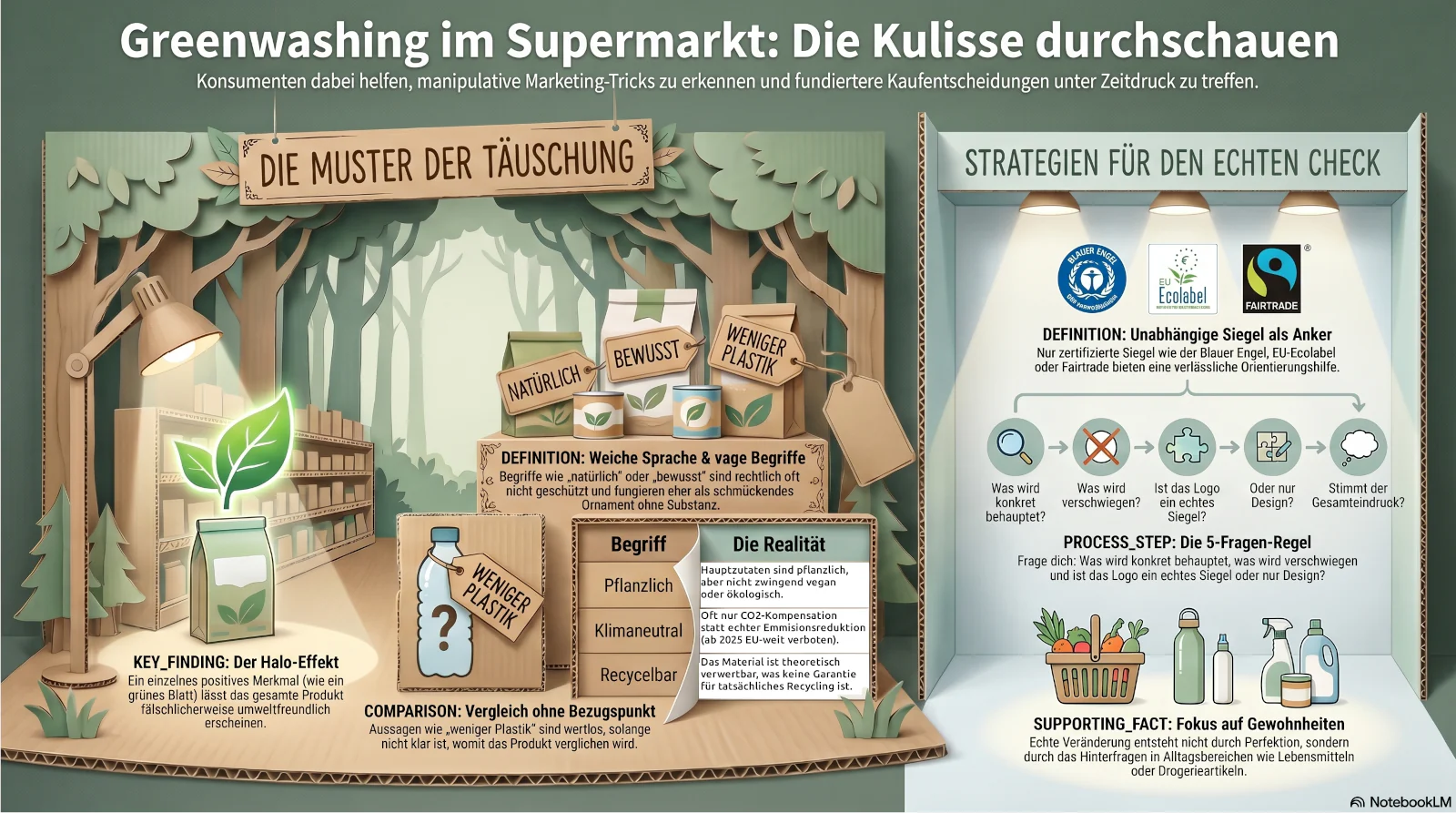 Infografik zu Greenwashing im Supermarkt: grüne Verpackungssignale, vage Begriffe wie „pflanzlich“ oder „recycelbar“ und fünf Prüffragen für bewusstere Kaufentscheidungen.