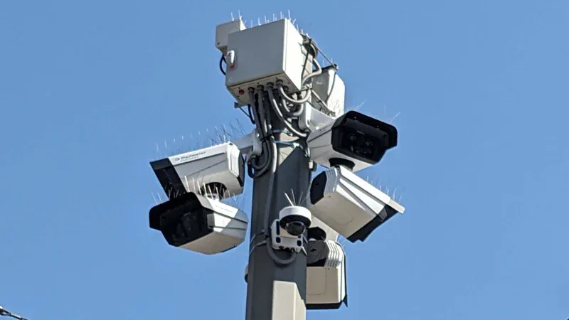 Mehrere Überwachungskameras an einem Mast vor blauem Himmel in Erfurt auf dem Anger.