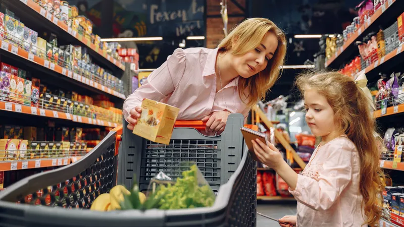 Mutter und Tochter entscheiden beim Einkauf vor einem Supermarktregal